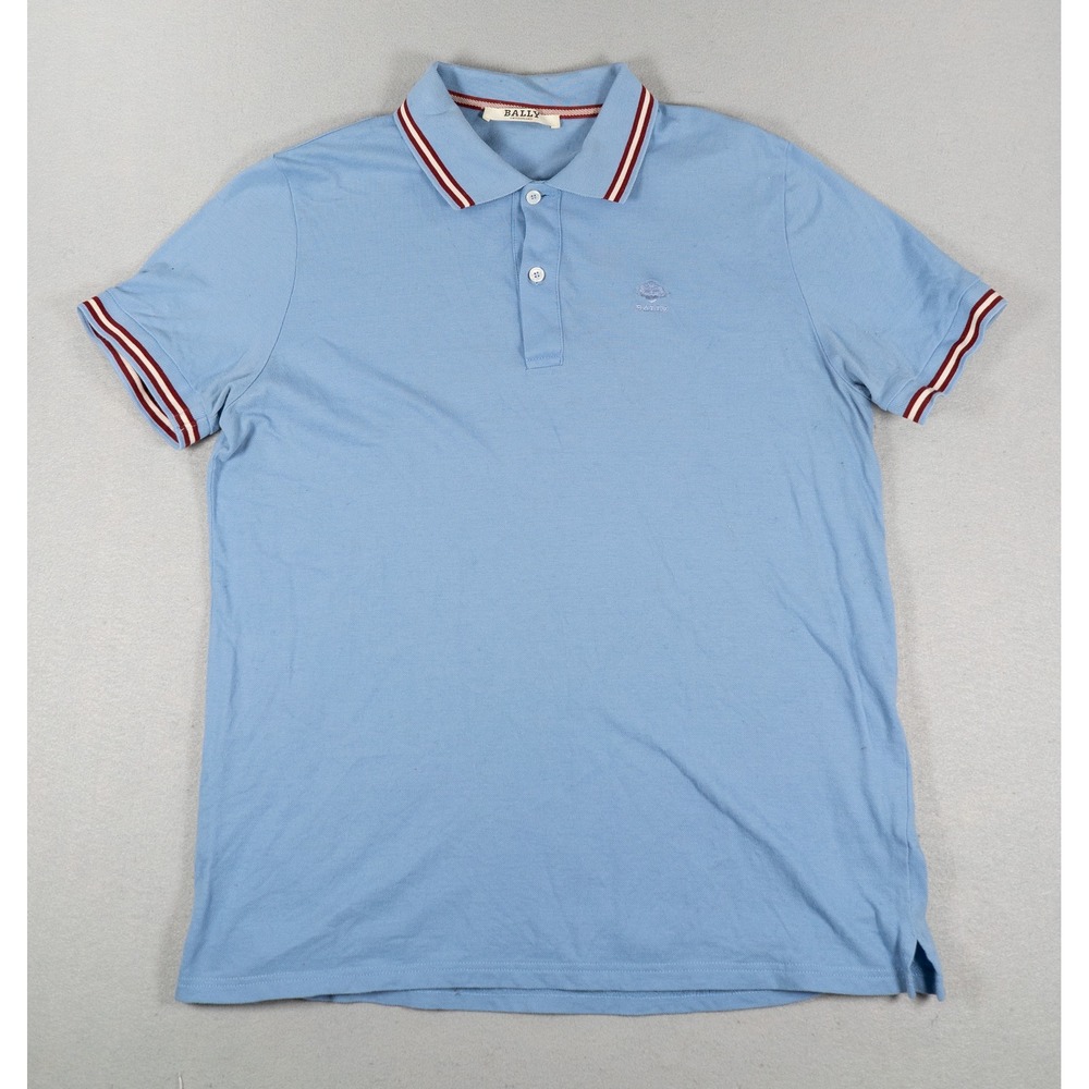 Bally Mens Polo Shirt Short Sleeve Pique Striped Trim Blue Size 40 US